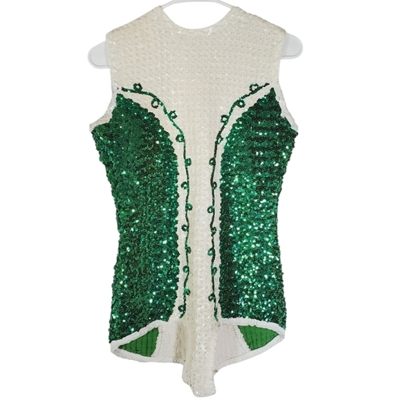 Algy Dance Costumes Tops - 7310 * Algy Vintage Sequin Majorette Leotard Green White 1960s Size Unknown